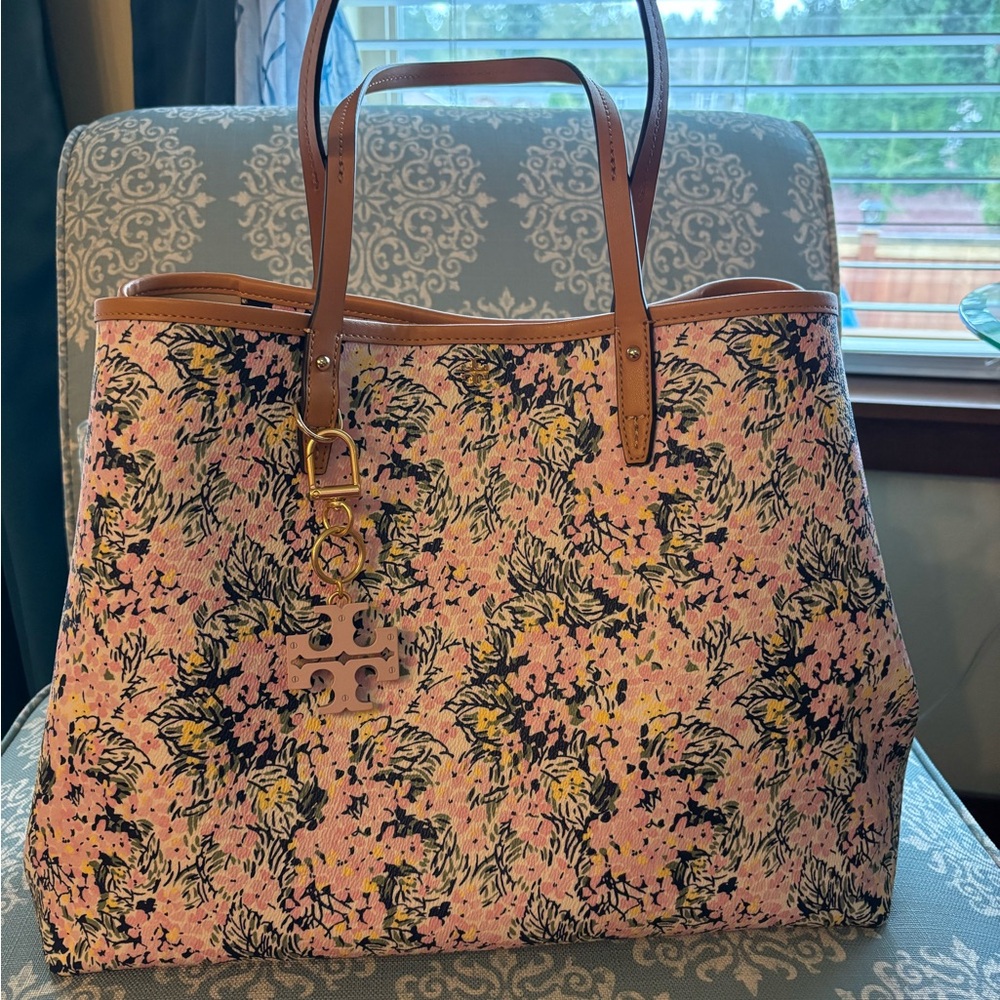 Tory Burch Pink Floral Canvas Tote with Tan Leather Handles and Gold Charm